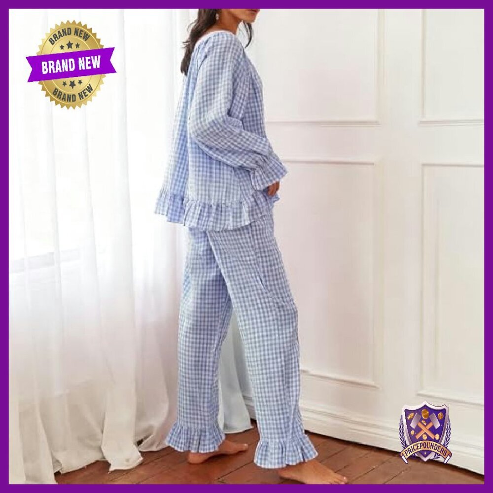 Women's Long Sleeve Cotton Pajama Set 2 Piece Ruffle Pjs Loungewear - Picture 4 of 8